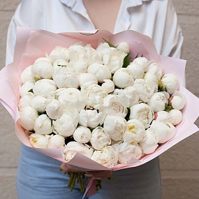 Букет из 51 белого пиона Standart Plus в розовой пленке