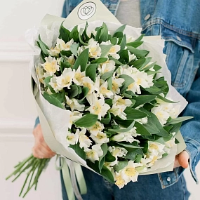 Букет из 23 белых альстромерий в зеленой пленке