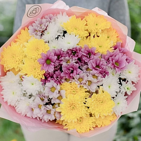 Букет из 11 кустовых хризантем микс в розовой пленке