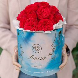 Букет в голубой шляпной коробке Amour Mini из 19 красных одноголовых пионовидных роз Red Piano