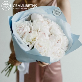 Букет из 11 нежно-розовых пионов Standart Plus в голубой пленке