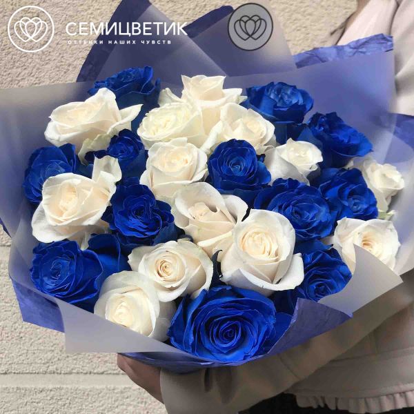 Букет из 25 белых и синих роз